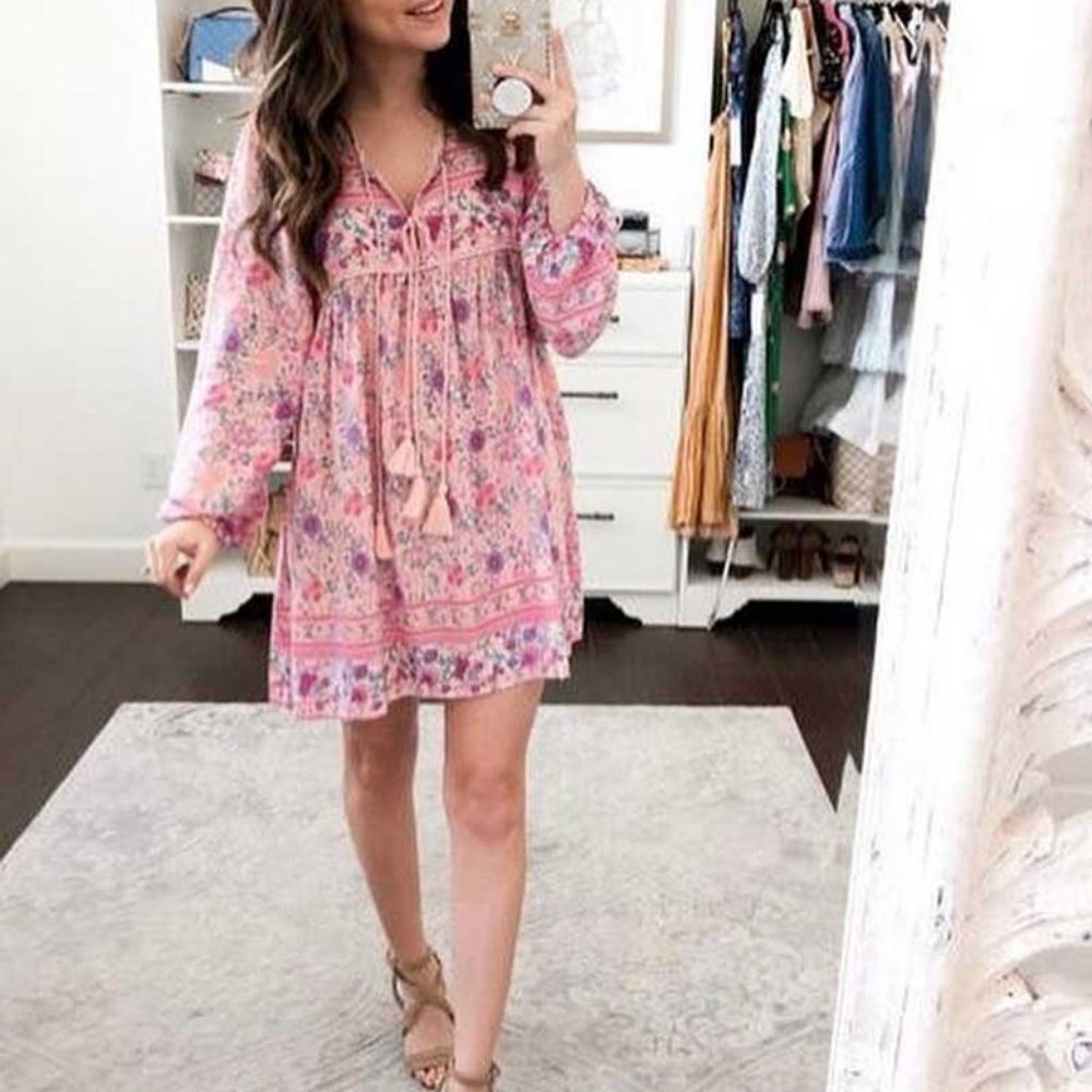 Boho Chic Gypsy Floral Print Mini Dress - Picture 6 of 8